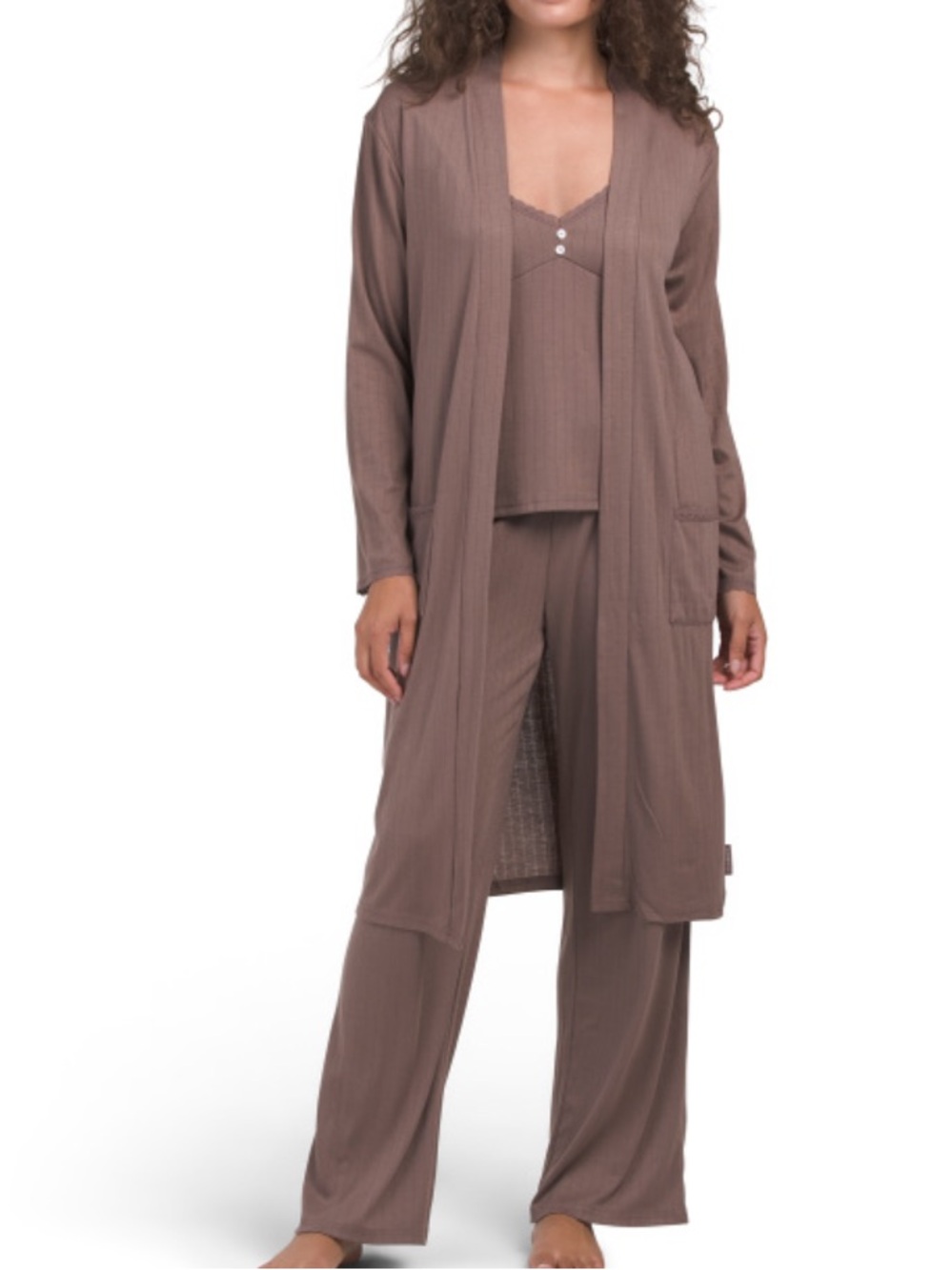 DANSKIN Women's Taupe Ribbed 3-Piece Sleep Set - Long Robe, Tank & Pants